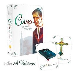 Coup: Deluxe Edition + expansão A reforma + Cartas promo Bufão e Burocrata 
